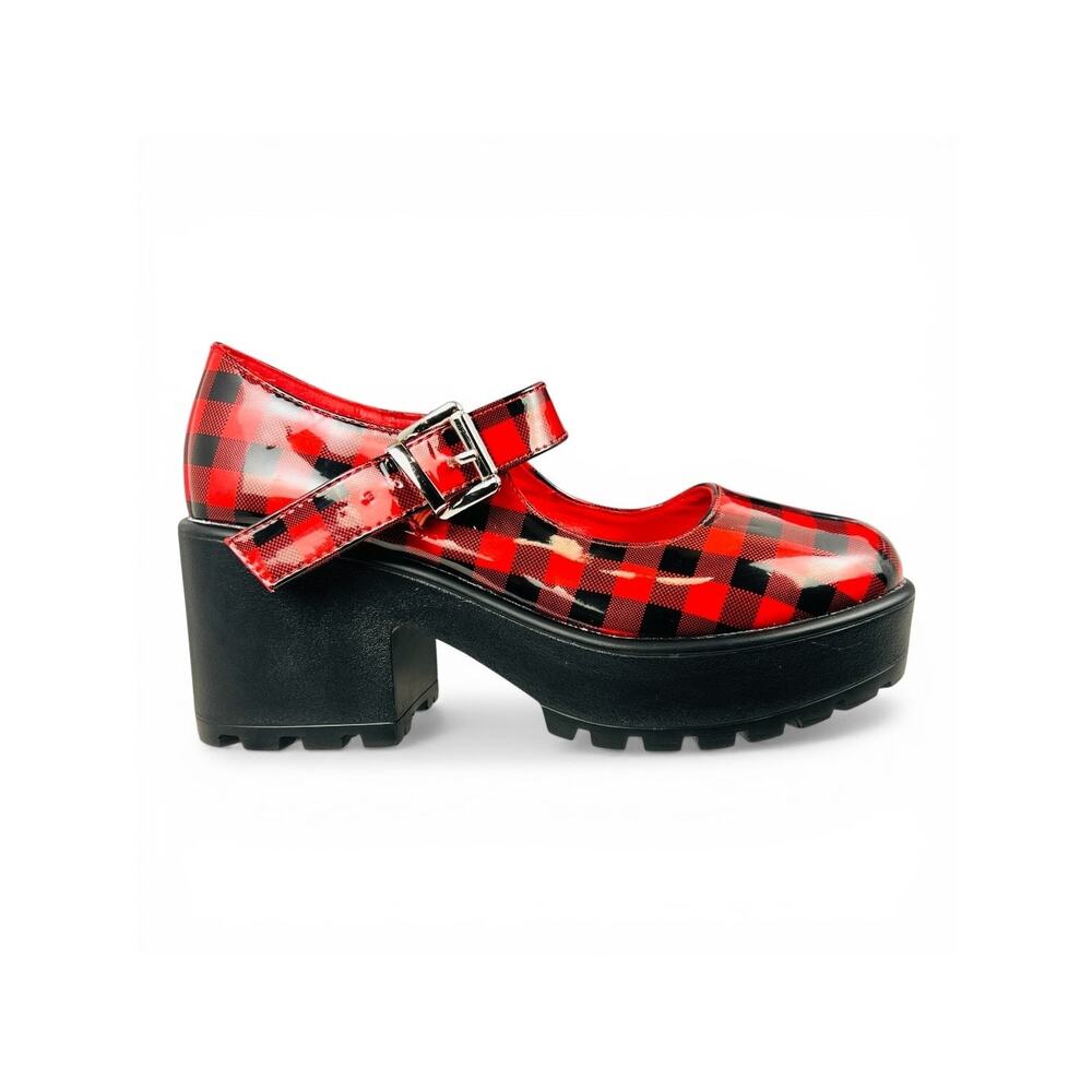 Koi Footwear Red Black Plaid Platform Mary Jane Chunky Lug Heel Size EU 36